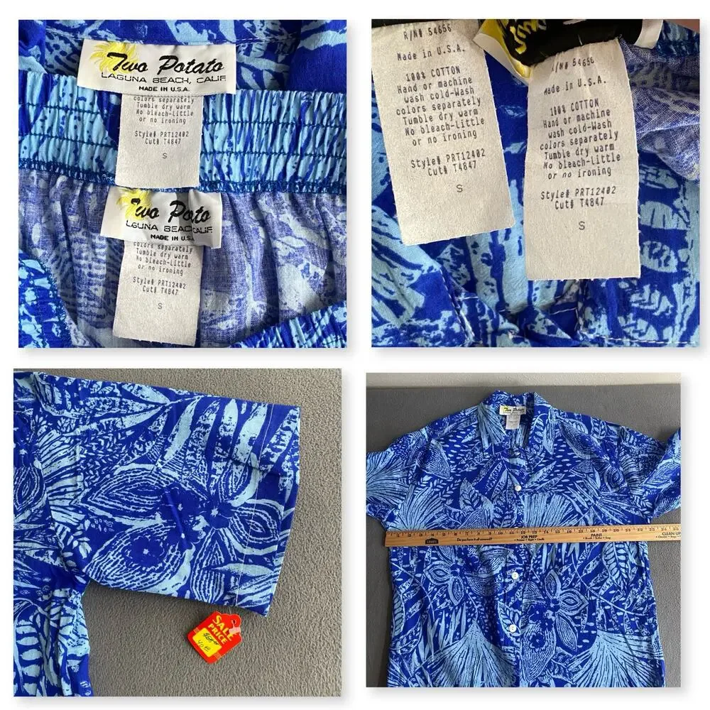Vtg NOS 80s 90s Two Potato Resortwear Matching Vacation Set Botanical Print Blue